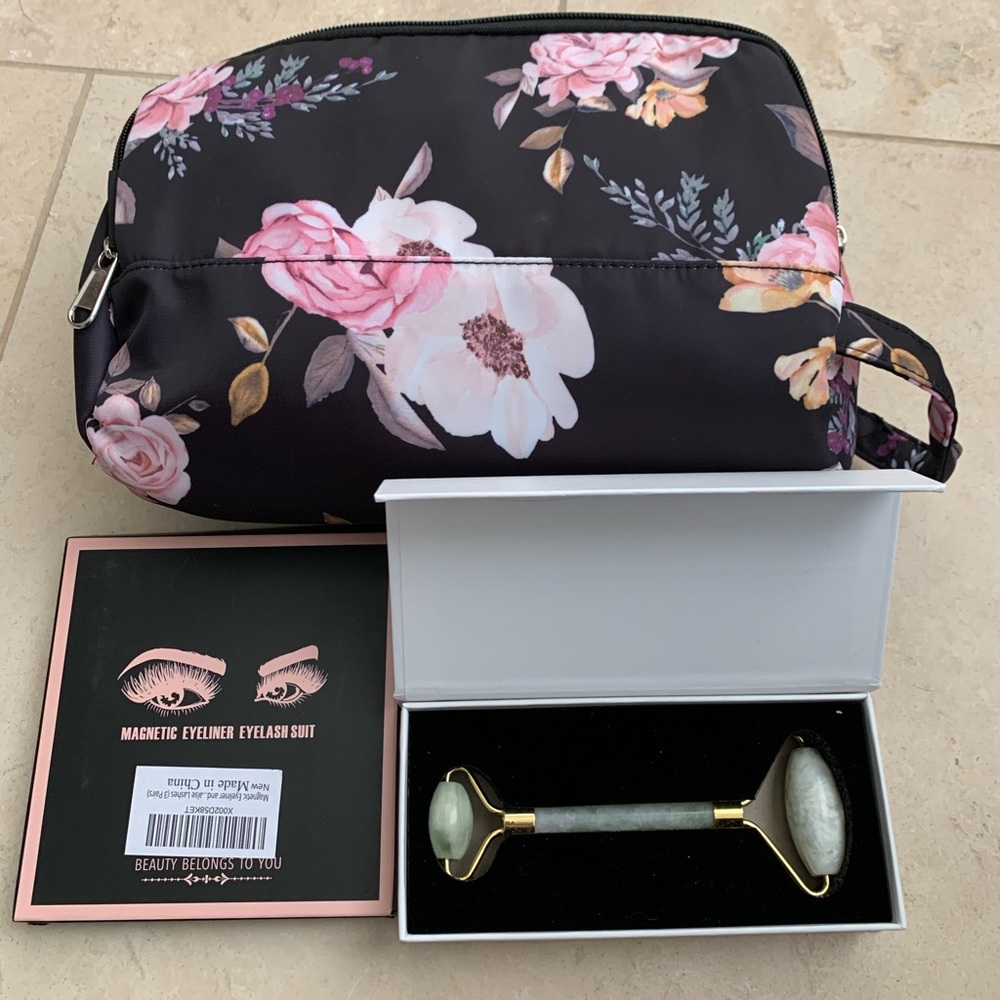 Jade facial roller! Magnetic lashes! Makeup bag!
